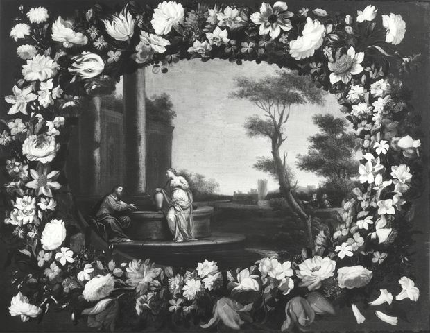 Anonimo — Cittadini Pier Francesco - sec. XVII - Ghirlanda di fiori con Cristo e la Samaritana al pozzo — insieme